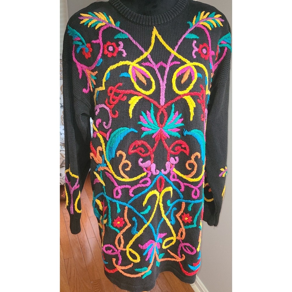 Women's VTG Embellished KITTY HAWK BY VIVIAN WANG Sweater L Floral Shoulder Pad